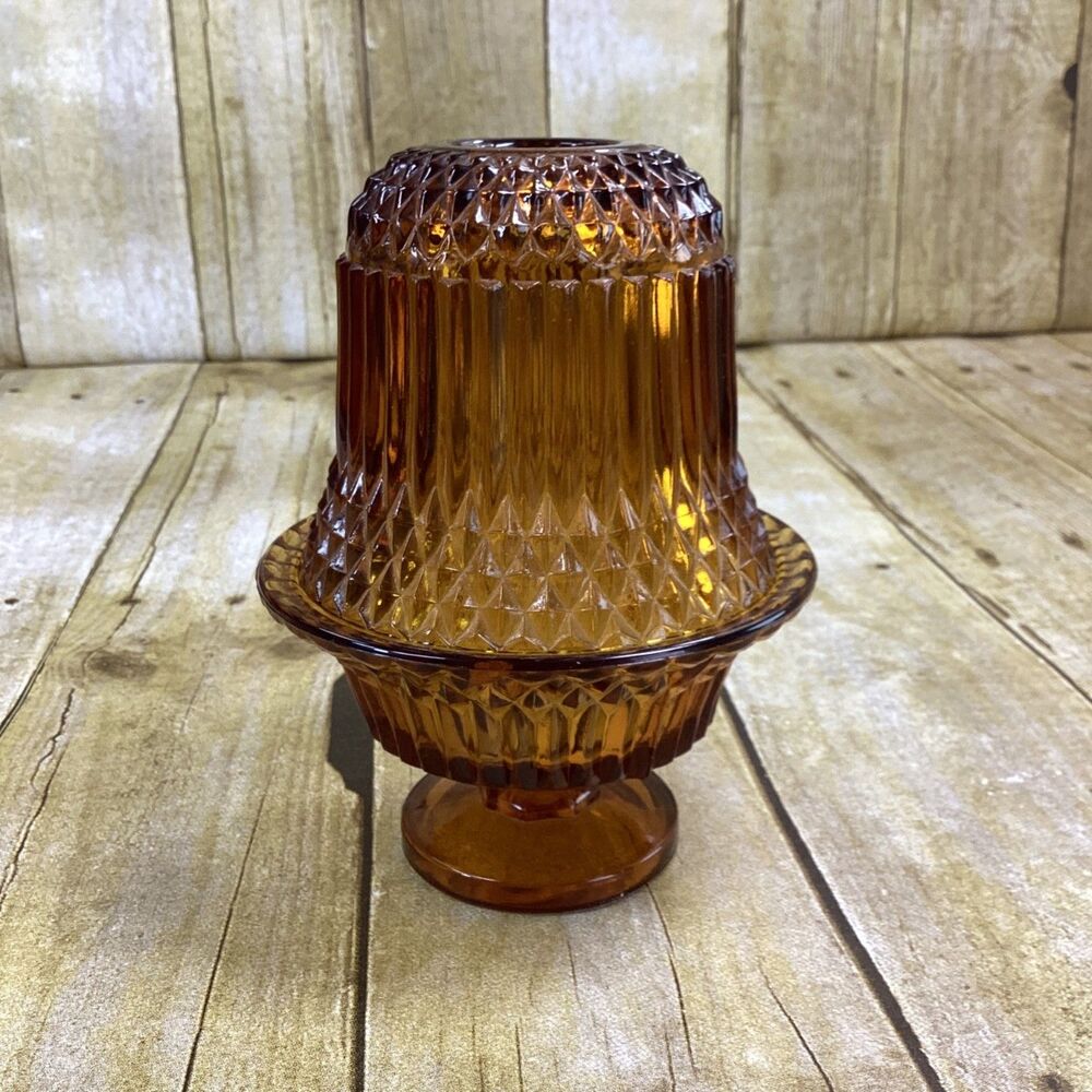 Vtg Indiana Glass Amber Diamond Point Fairy Lamp Light 2 Pc Candle Holder MCM